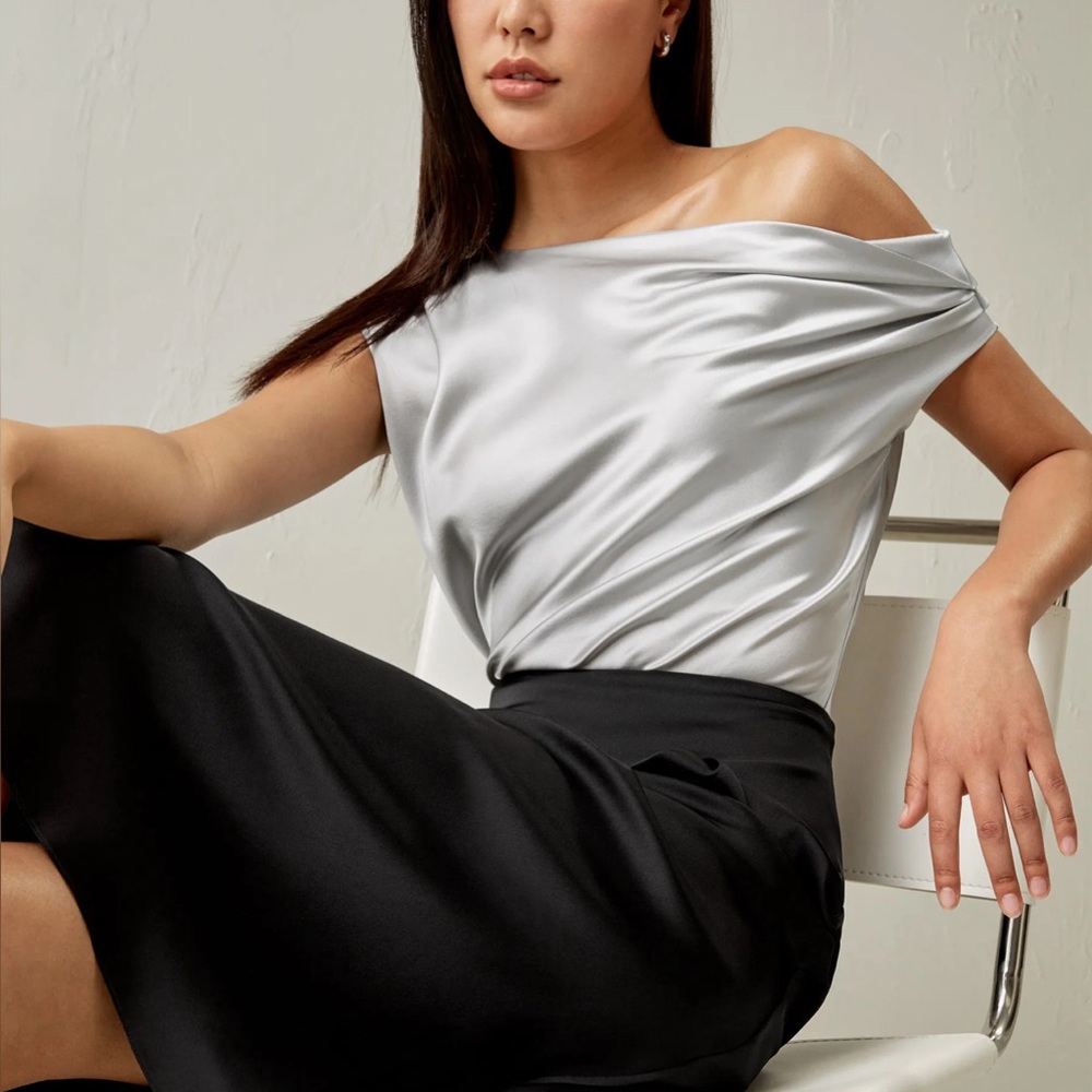 Lilysilk Mulberry Silk Silver Off Shoulder Blouse - Size 0